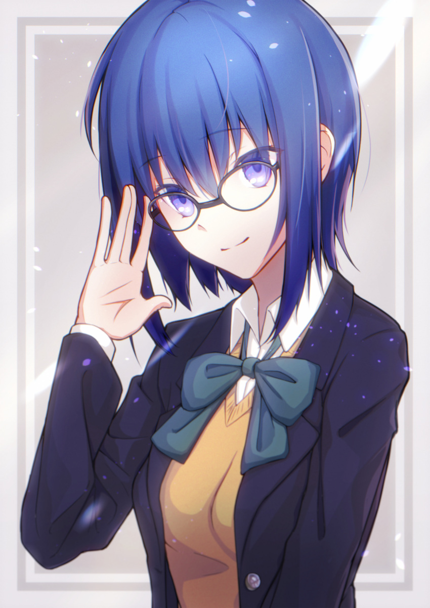 1girl absurdres adjusting_eyewear bangs black-framed_eyewear blue_eyes blue_hair blue_jacket bow bowtie breasts buttons ciel_(tsukihime) closed_mouth collared_shirt commentary_request eyebrows_visible_through_hair glasses green_bow green_neckwear hair_between_eyes highres jacket light_rays long_sleeves looking_at_viewer medium_breasts open_clothes open_jacket school_uniform shichiroku_(pixiv_25029782) shirt short_hair sidelocks smile solo tsukihime tsukihime_(remake) uniform upper_body vest white_shirt yellow_vest