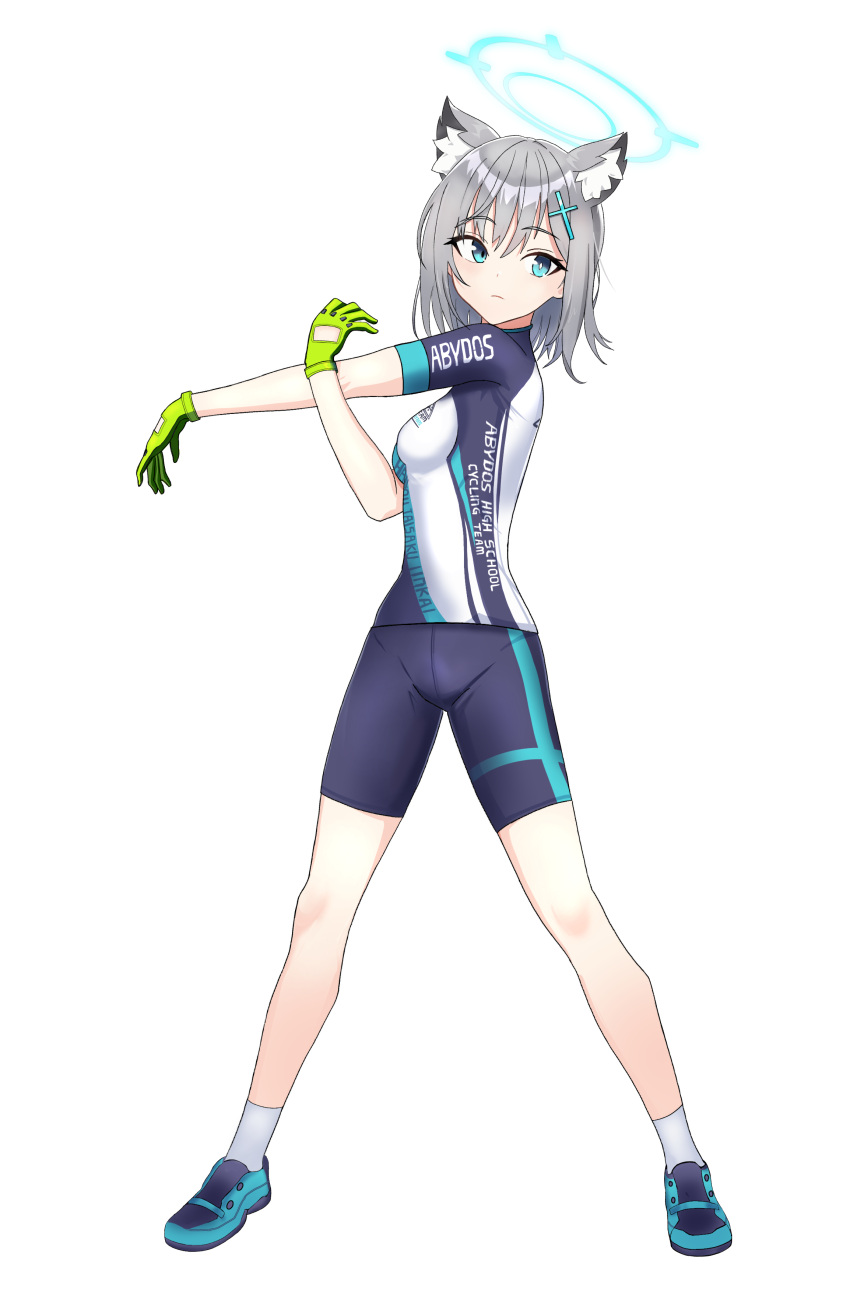 1girl absurdres akira_(aristole) animal_ear_fluff animal_ears aqua_eyes bangs bike_shorts blue_archive breasts cat_ears closed_mouth cross cycling_uniform expressionless eyebrows_visible_through_hair full_body gloves green_gloves grey_hair hair_ornament halo highres legs_apart looking_away medium_hair petite shiroko_(blue_archive) shiroko_(cycling)_(blue_archive) shoes shorts simple_background small_breasts standing stretch white_background