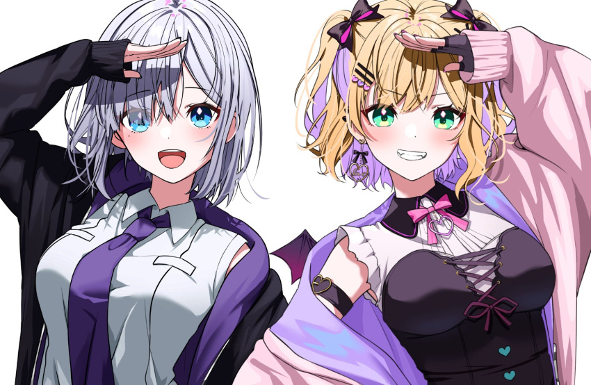 2girls amopui arm_strap bangs black_gloves black_jacket blonde_hair blue_eyes bodice bow bowtie breasts collared_shirt commentary earrings fangs fingerless_gloves gloves green_eyes hair_bow hair_ornament hairclip highres iris_black_games jacket jewelry kaga_sumire kurumi_noah looking_at_viewer lupinus_virtual_games medium_breasts multicolored_hair multiple_girls necktie open_mouth pink_hair pink_jacket purple_necktie salute shirt short_hair simple_background sleeveless sleeveless_shirt smile teeth two-tone_hair two_side_up upper_body v-shaped_eyebrows virtual_youtuber vspo! white_background white_shirt wings
