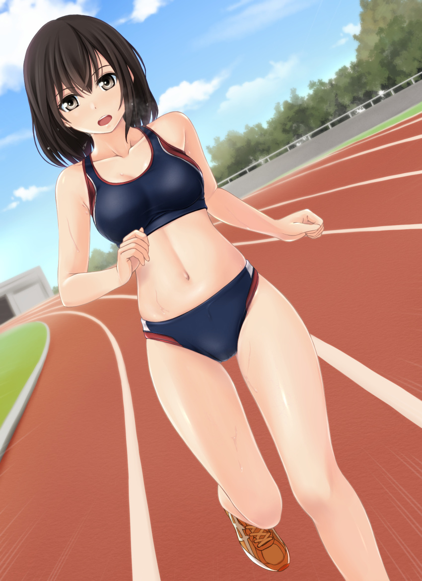 1girl black_eyes black_hair blue_buruma blue_sports_bra breasts buruma clouds dutch_angle flying_sweatdrops highres medium_breasts medium_hair midriff multiple_views navel nonaka_ritsu open_mouth original profile running_track solo sports_bra touka_(nonaka_ritsu) track_and_field track_uniform tree