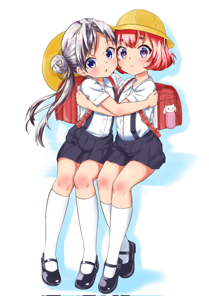 2girls backpack bag black_footwear black_skirt blue_eyes character_request cheek-to-cheek double_bun face-to-face full_body hair_bun hair_intakes hat heads_together highres hug kneehighs long_hair magia_record:_mahou_shoujo_madoka_magica_gaiden mahou_shoujo_madoka_magica mary_janes miniskirt multiple_girls randoseru red_eyes school_hat shirt shoes short_hair short_sleeves silver_hair sitting skirt suspender_skirt suspenders twintails white_legwear white_shirt yakumo_mitama yappariga yellow_headwear