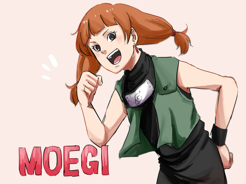 1girl :d bangs beige_background black_eyes black_shirt boruto:_naruto_next_generations character_name clenched_hand earrings green_vest hair_between_eyes hand_on_hip highres jewelry kazamatsuri_moegi long_hair naruto_(series) open_mouth orange_hair pinoko_(pnk623) ring shirt simple_background single_earring sleeveless smile solo teeth twintails v-shaped_eyebrows vest
