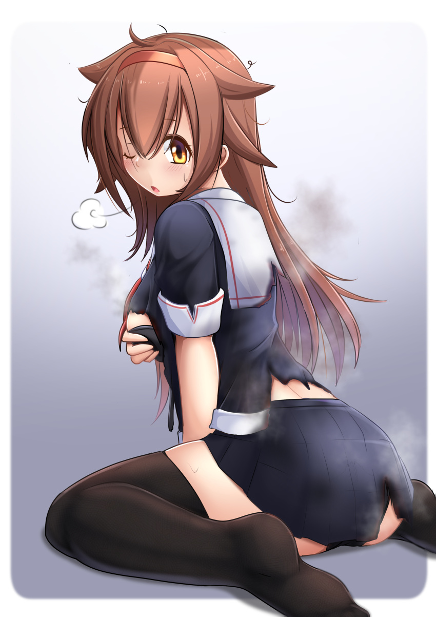 1girl absurdres black_bra black_legwear black_panties black_serafuku black_shirt black_skirt bra breasts brown_eyes brown_hair hairband highres kantai_collection long_hair medium_breasts miniskirt one_eye_closed orange_hairband panties pleated_skirt remodel_(kantai_collection) school_uniform selvalanch serafuku shiratsuyu_(kancolle) shirt short_sleeves sitting skirt solo thigh-highs torn_clothes torn_shirt torn_skirt underwear wariza