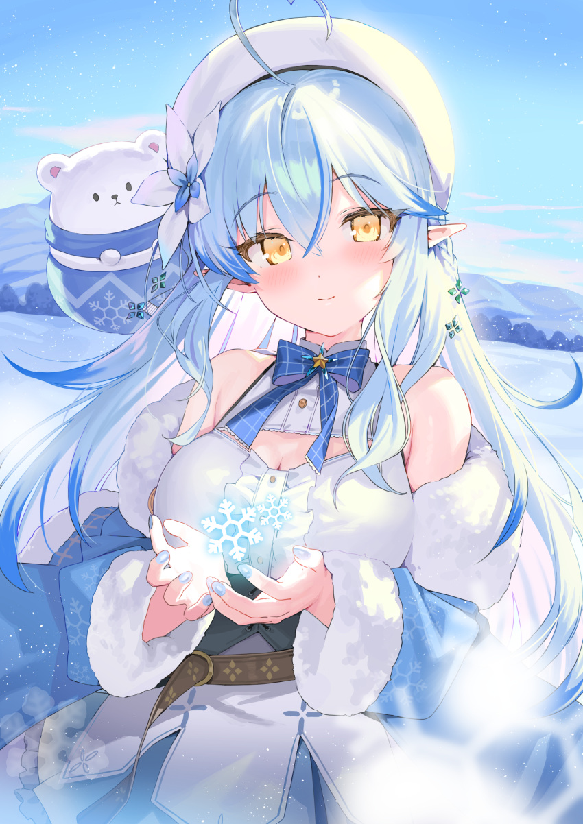 1girl absurdres ahoge bare_shoulders beret blue_bow blue_hair blue_jacket blue_nails blue_skirt blue_sky blush bow breasts closed_mouth commentary_request daifuku_(yukihana_lamy) day fur-trimmed_jacket fur-trimmed_sleeves fur_trim hat heart_ahoge highres hololive jacket kanzarin_(hoochikiss) large_breasts long_hair long_sleeves looking_at_viewer mountain multicolored_hair nail_polish off_shoulder outdoors pointy_ears shirt skirt sky sleeveless sleeveless_shirt smile snow snowflakes streaked_hair very_long_hair virtual_youtuber white_headwear white_shirt yellow_eyes yukihana_lamy