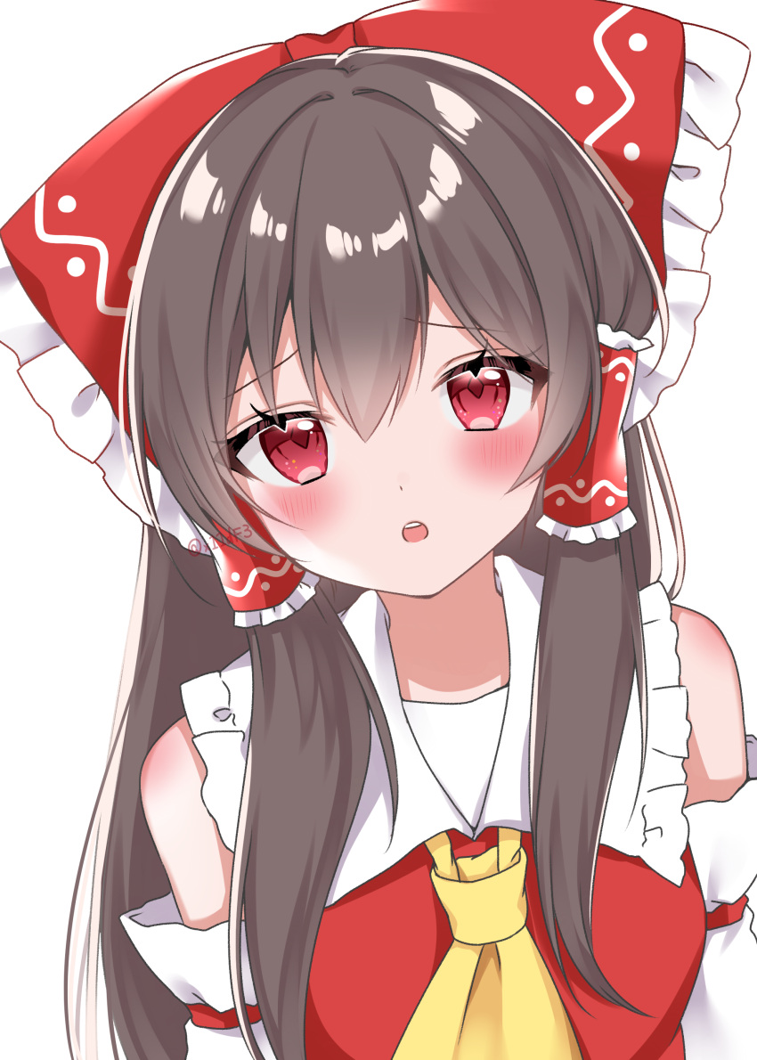 1girl absurdres ascot black_hair blush bow collared_shirt detached_sleeves fanbox_username hair_bow hair_tubes hakurei_reimu highres looking_at_viewer open_mouth red_bow red_eyes red_shirt shiki_(s1k1xxx) shirt simple_background solo touhou upper_body upper_teeth white_background yellow_neckwear