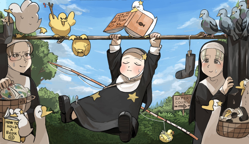 3girls arrow_(symbol) basket bird black_legwear book branch brown_eyes brown_hair brunette_bangs_nun_(diva) bunny_hair_ornament bush catholic cherry chicken closed_eyes clothes_pin commentary dirty dirty_clothes diva_(hyxpk) duck duckling english_commentary fishing_rod food fruit glasses goose grey_eyes grey_hair habit hair_ornament hairclip highres little_nuns_(diva) mole_(animal) mouth_hold multiple_girls nun outdoors parted_grey_nun_(diva) pigeon poop pullups reading rubber_duck safety_pin sign smile socks star_(symbol) star_nun_(diva) sunglasses sweatdrop tree twig wet wet_clothes younger