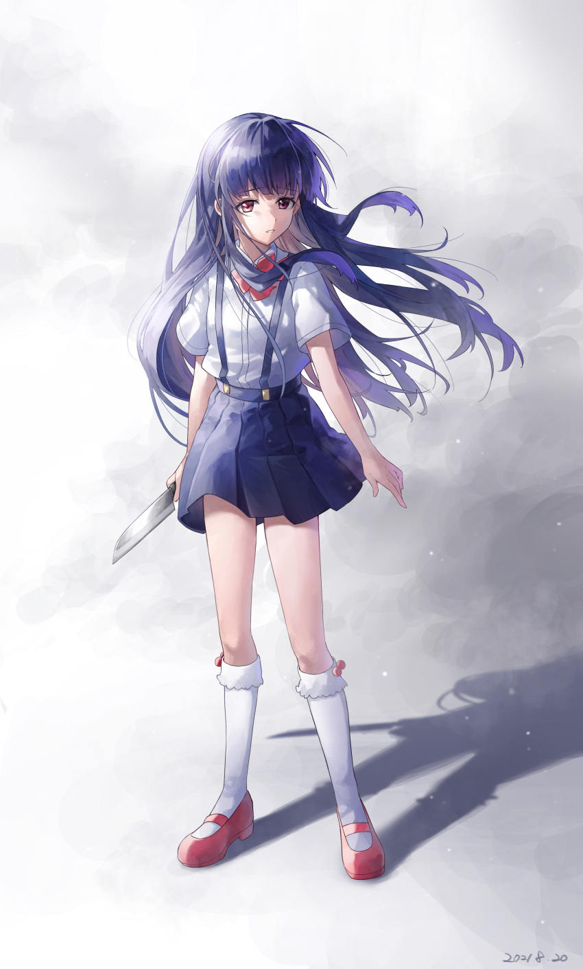 1girl 2021 absurdres bangs blue_hair blue_skirt bow bowtie coppepan dated dress_shirt eyebrows_visible_through_hair floating_hair frilled_legwear full_body furude_rika highres higurashi_no_naku_koro_ni holding holding_knife kneehighs knife long_hair mary_janes miniskirt pink_footwear pleated_skirt red_bow red_neckwear school_uniform shiny shiny_hair shirt shoes short_sleeves skirt solo standing suspender_skirt suspenders very_long_hair violet_eyes white_legwear white_shirt