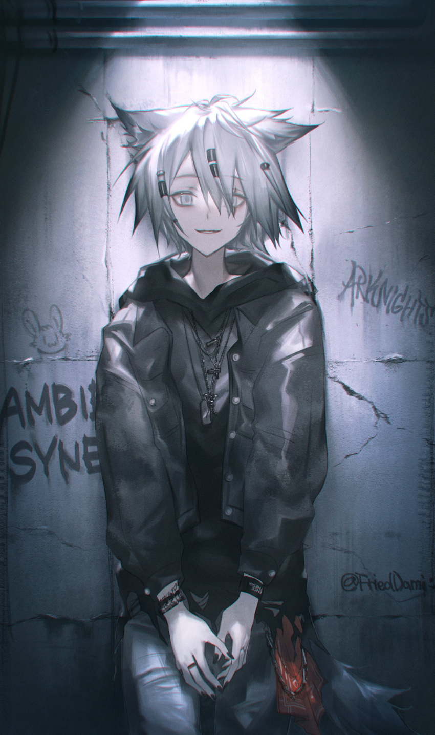 1girl absurdres ambience_synesthesia animal_ears arknights bracelet copyright_name english_text grey_hair hair_over_eyes highres jacket jewelry lappland_(ambience_synesthesia)_(arknights) lappland_(arknights) official_alternate_costume short_hair smile solo twitter_username uyuu_(hirameki) wolf_ears wolf_girl wristband