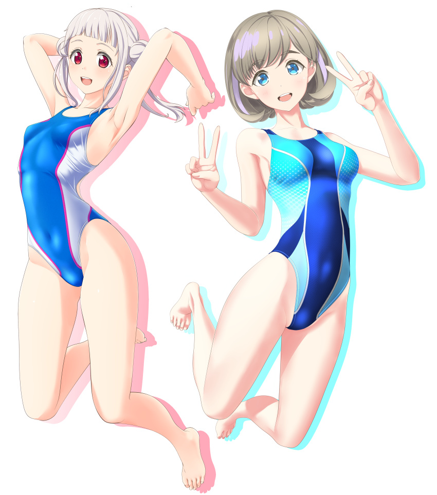 2girls absurdres arashi_chisato bangs barefoot blue_eyes blue_swimsuit blunt_bangs breasts clothes_writing collarbone competition_swimsuit covered_navel double_bun double_v full_body grey_hair highres jumping long_hair looking_at_viewer love_live! love_live!_superstar!! medium_breasts multicolored multicolored_clothes multicolored_swimsuit multiple_girls one-piece_swimsuit open_mouth parted_bangs red_eyes round_teeth short_hair simple_background single_sidelock small_breasts smile solo swimsuit takafumi tang_keke teeth twintails upper_teeth v white_background white_hair