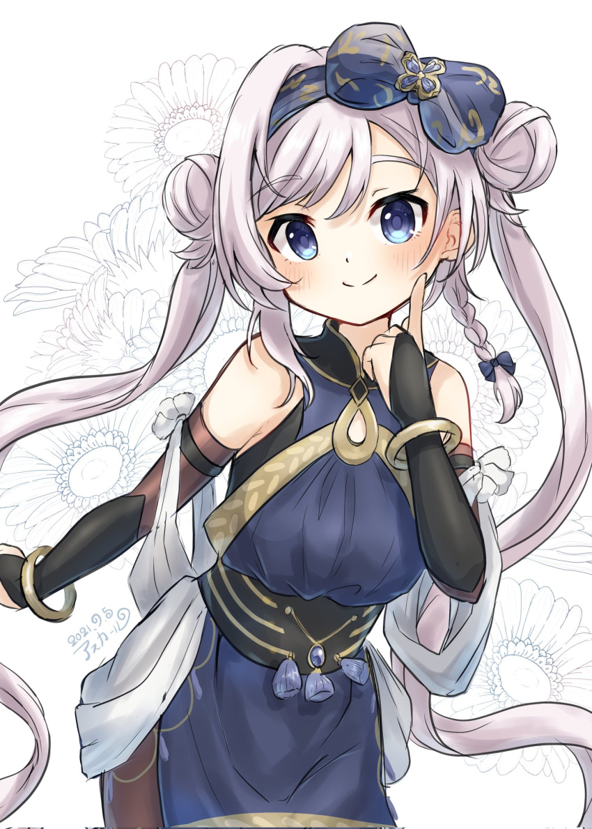 1girl asukaru_(magika_ru) bike_shorts black_gloves black_shorts blue_eyes blue_tabard bow bracelet bridal_gauntlets double_bun elbow_gloves finger_to_cheek gloves hair_bow hair_bun hair_intakes headband highres jewelry long_hair magia_record:_mahou_shoujo_madoka_magica_gaiden mahou_shoujo_madoka_magica shorts silver_hair smile solo tabard twintails very_long_hair yakumo_mikage