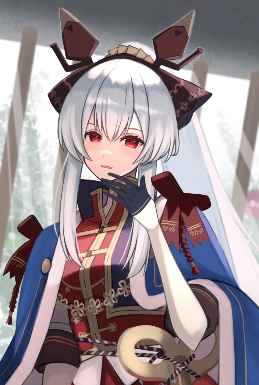 1girl arknights black_jacket blue_cloak bow cloak commentary_request cropped_jacket dress hair_between_eyes hair_ornament hand_up highres jacket long_hair looking_at_viewer official_alternate_costume parted_lips partial_commentary ponytail red_bow red_dress red_eyes sanukiske silver_hair smile solo weedy_(arknights) weedy_(candy_cape)_(arknights)