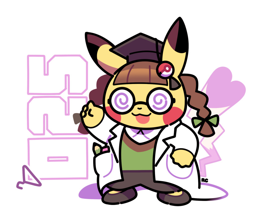 :3 :d artsy-rc braid brown_hair clothed_pokemon clothes_hanger coke-bottle_glasses cosplay_pikachu full_body gen_1_pokemon glasses green_shirt hand_up hat highres labcoat mortarboard no_humans number open_mouth pants pikachu pikachu_phd pokedex_number pokemon pokemon_(creature) shirt shoes signature smile solo twin_braids white_background