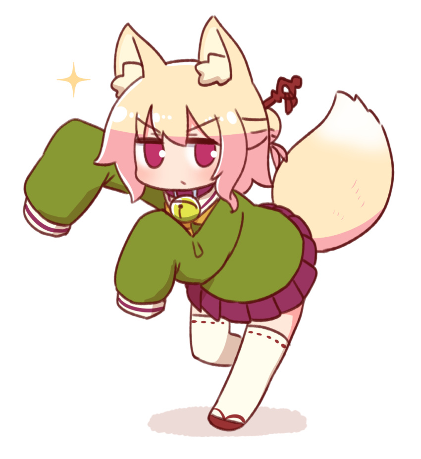 1girl animal_ears bangs bell brown_collar brown_footwear closed_mouth collar commentary_request eyebrows_visible_through_hair fox_ears fox_girl fox_tail full_body green_shirt hair_between_eyes hair_bun hair_ornament highres jingle_bell kemomimi-chan_(naga_u) long_sleeves looking_at_viewer naga_u neck_bell orange_neckwear original pleated_skirt purple_skirt red_eyes ribbon-trimmed_legwear ribbon_trim sailor_collar shadow shirt skirt sleeves_past_fingers sleeves_past_wrists solo sparkle standing standing_on_one_leg tail thigh-highs v-shaped_eyebrows white_background white_legwear white_sailor_collar zouri