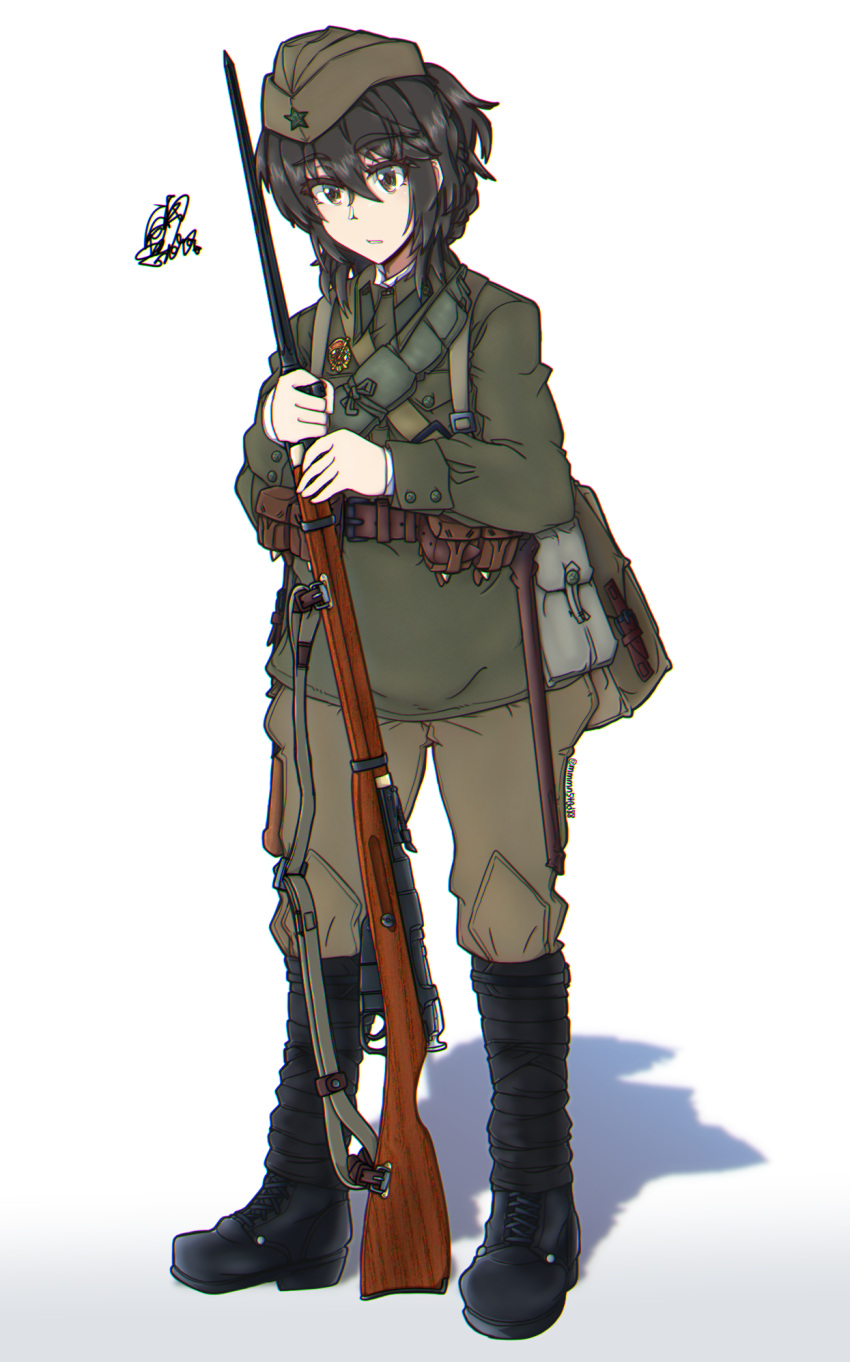 1girl aht bayonet black_eyes black_footwear black_hair bolt_action boots brown_pants full_body green_headwear green_jacket gun highres jacket long_sleeves military military_uniform mmmn540d88 mosin-nagant original pants red_army rifle solo soviet uniform weapon world_war_ii