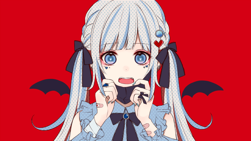 1girl aitsuki_nakuru bandaged_arm bandages bandaid bandaid_on_hand bangs bat_wings black_bow black_mask black_neckwear black_wings blue_hair blue_nails blue_shirt bow bowtie commentary_request detached_sleeves detached_wings facial_mark fangs frilled_sleeves frills hair_bow hair_ornament heart heart_hair_ornament heart_ring highres la_priere long_hair long_sleeves looking_at_viewer mask_pull nanase_eka puffy_long_sleeves puffy_sleeves red_background shirt solo twintails upper_body vampire_(vocaloid) virtual_youtuber wings