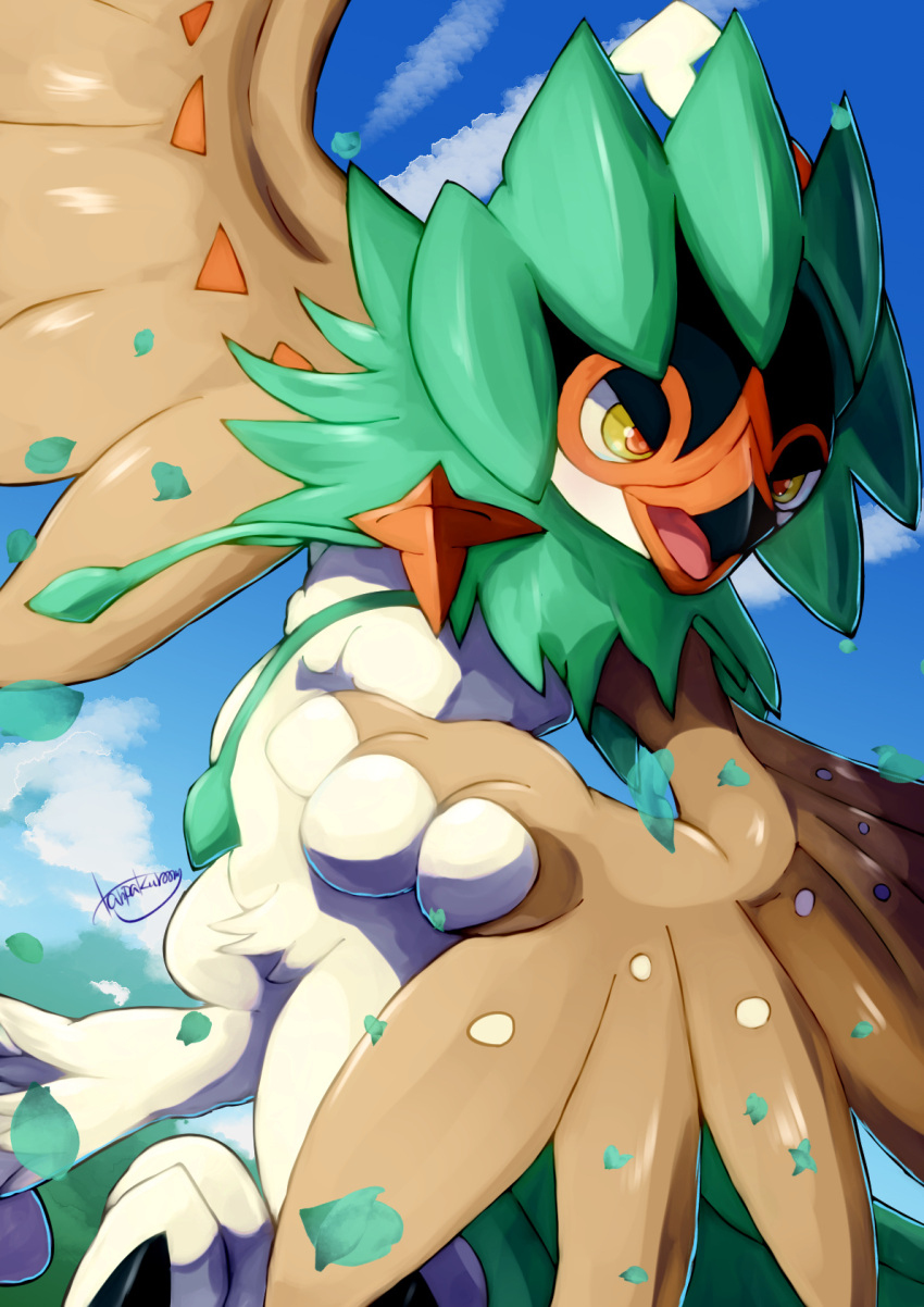 bird clouds commentary_request day decidueye gen_7_pokemon highres leaves_in_wind looking_down no_humans open_mouth orange_pupils outdoors pokemon pokemon_(creature) signature sky tanpakuroom tongue yellow_eyes