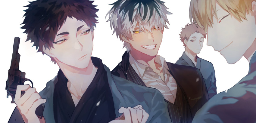 4boys akaashi_keiji alternate_costume alternate_hairstyle black_hair black_kimono blonde_hair bokuto_koutarou closed_eyes closed_mouth collared_shirt dress_shirt formal grey_hair grin gun haikyuu!! hair_down highres holding holding_gun holding_weapon japanese_clothes kimono konoha_akinori looking_at_viewer male_focus mgmg_1012 multiple_boys sarukui_yamato shirt short_hair smile teeth weapon white_shirt yellow_eyes