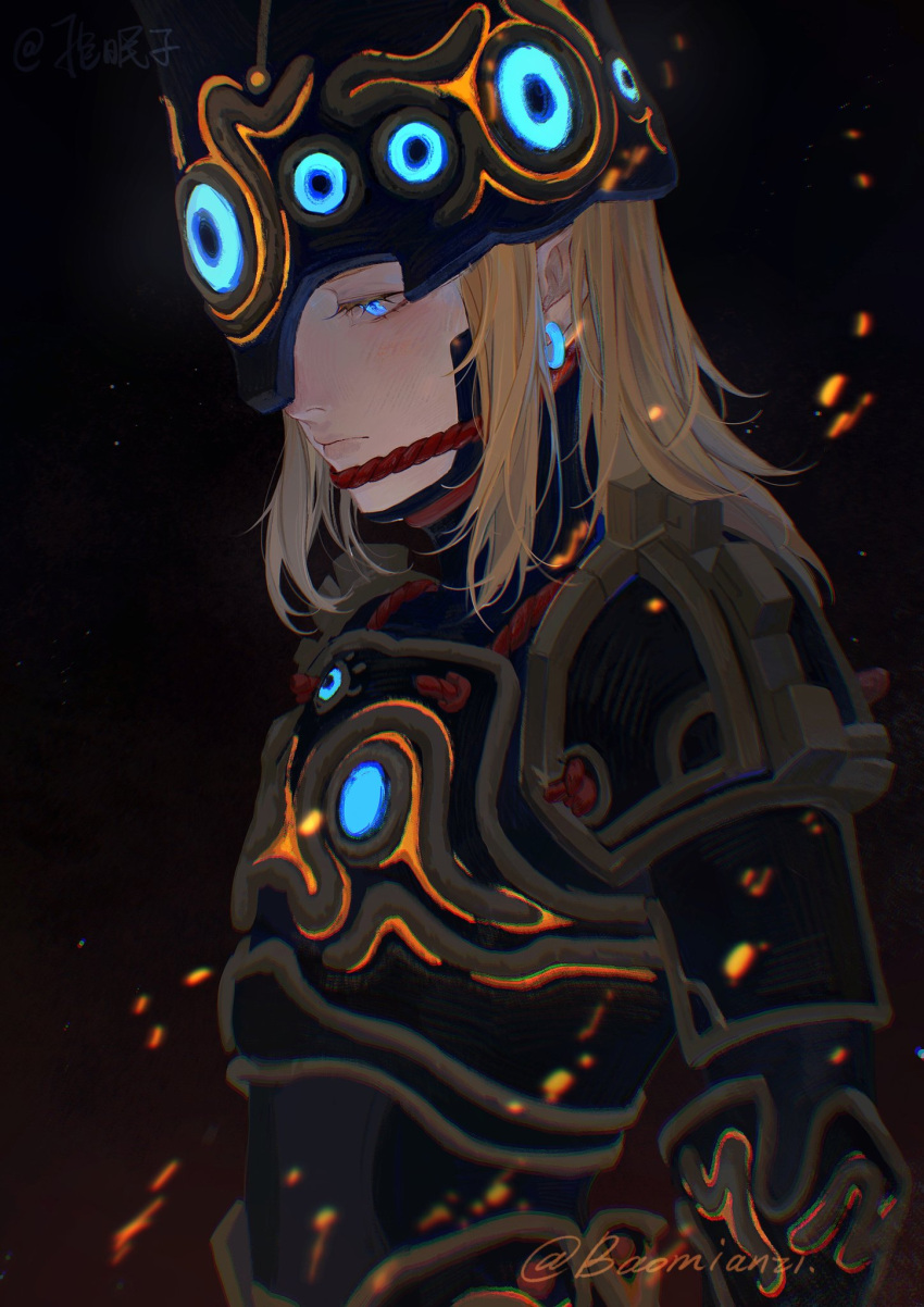 1boy ancient_set_(zelda) armor artist_name bangs baomianzi black_background blonde_hair blue_eyes closed_mouth from_side gradient gradient_background helmet highres link male_focus official_alternate_costume pointy_ears rope solo sword the_legend_of_zelda the_legend_of_zelda:_breath_of_the_wild upper_body weapon
