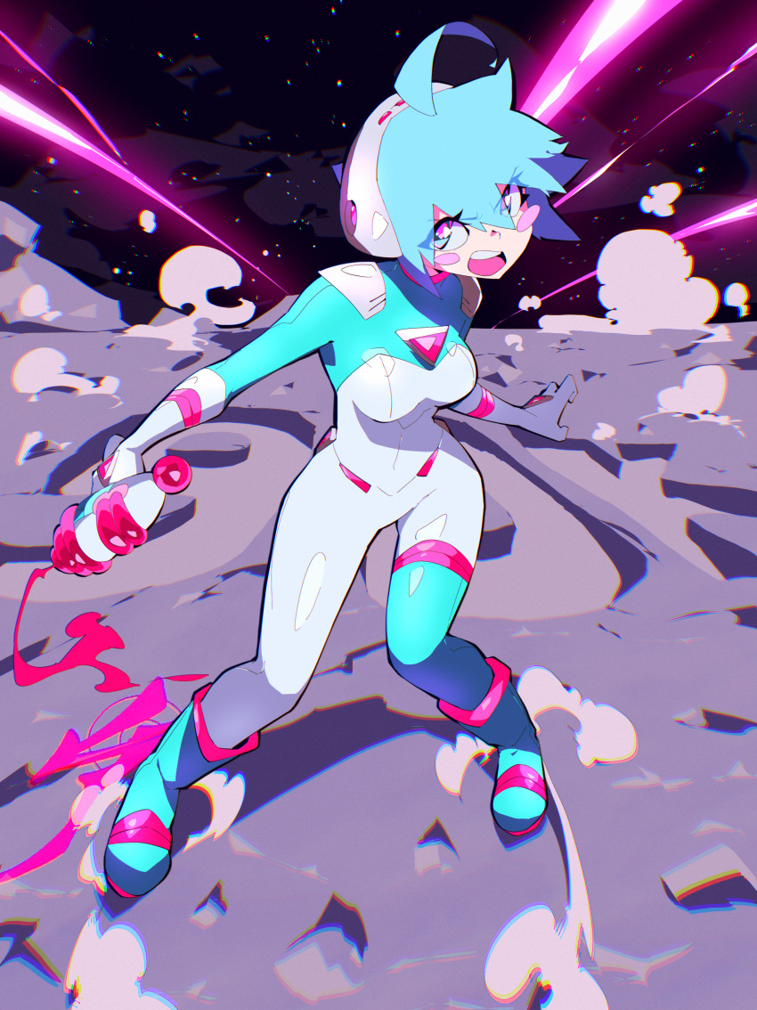 1girl absurdres aetherion ahoge aqua_eyes aqua_footwear aqua_hair blush_stickers bodysuit boots breasts energy_gun full_body highres holding holding_weapon medium_breasts multicolored multicolored_eyes on_moon open_mouth original pink_eyes ray_gun short_hair sky solo space_girl_(aetherion) star_(sky) starry_sky weapon