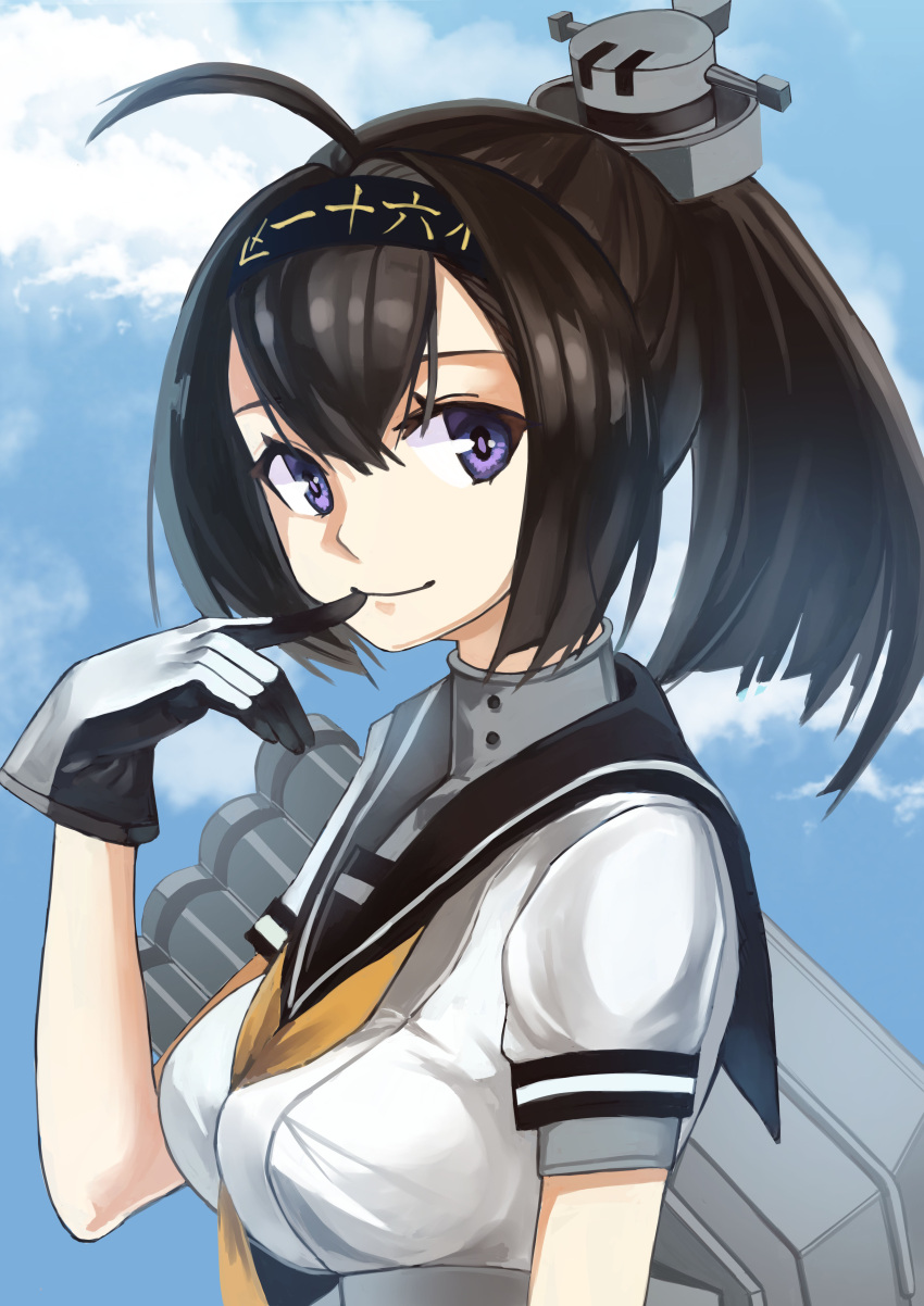 1girl absurdres ahoge akizuki_(kancolle) black_sailor_collar blue_sky brown_hair closed_mouth day finger_to_mouth gloves hairband headgear highres kantai_collection looking_at_viewer luicent outdoors ponytail sailor_collar school_uniform serafuku shirt sky smile solo upper_body violet_eyes white_shirt