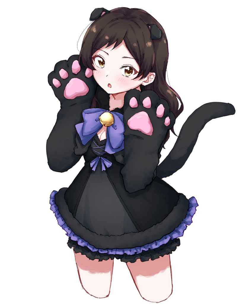 1girl :o animal_ears animal_hands bell black_dress blush bow bowtie brown_hair cat_ears cat_paws cat_tail cleavage_cutout clothing_cutout cropped_legs dress fake_animal_ears frilled_dress frills gloves hands_up highres idolmaster idolmaster_million_live! idolmaster_million_live!_theater_days kitazawa_shiho kokeshi_(kokeshi_fog) looking_at_viewer neck_bell nyan paw_gloves simple_background sketch solo tail white_background