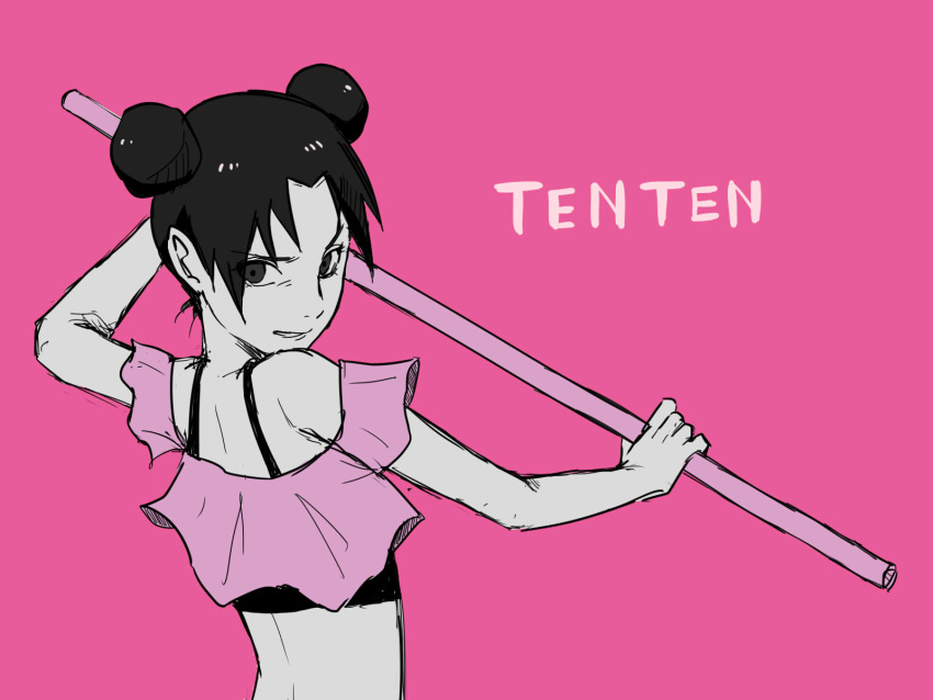 1girl bare_shoulders black_eyes black_hair character_name double_bun frilled_shirt_collar frills grin highres holding holding_staff looking_at_viewer naruto naruto_(series) open_clothes open_mouth pink_background pink_shirt pinoko_(pnk623) shirt short_hair short_sleeves simple_background smile solo staff teeth tenten_(naruto)