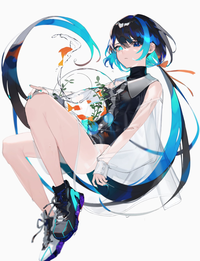 1girl black_hair black_shirt blue_eyes blue_hair blue_nails droplet fish fishbowl full_body goldfish hair_ribbon heterochromia highres invisible_chair knees_up looking_at_viewer multicolored_hair orange_ribbon original ribbon see-through shirt shoes simple_background sitting sneakers solo sweat symbol-only_commentary two-tone_hair white_background zumi_(neronero126)