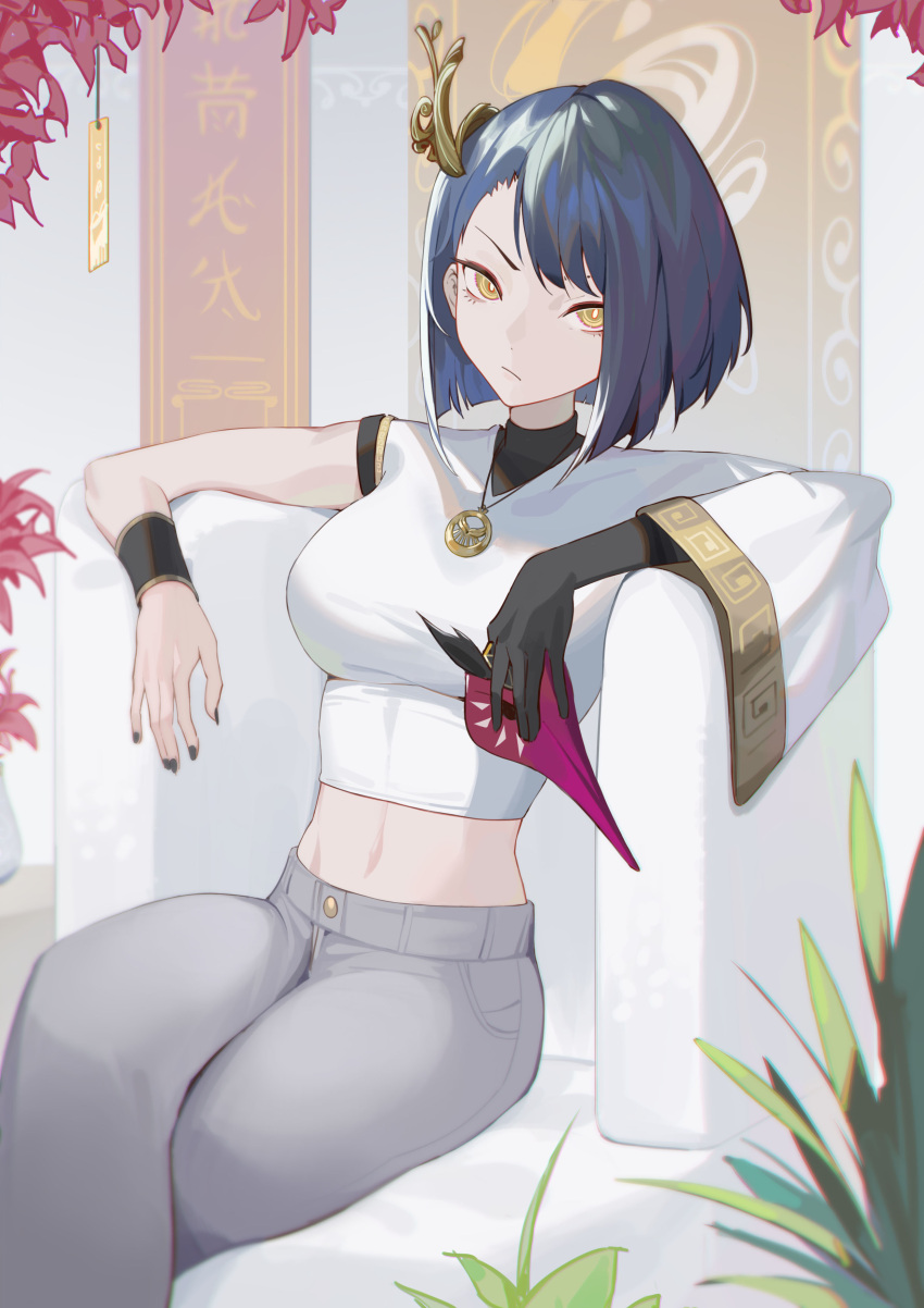 1girl absurdres alternate_costume bangs blue_hair breasts casual crop_top genshin_impact hair_ornament highres holding holding_mask krin kujou_sara looking_at_viewer mask midriff nail_polish navel pants plant short_hair sitting solo tengu tengu_mask yellow_eyes