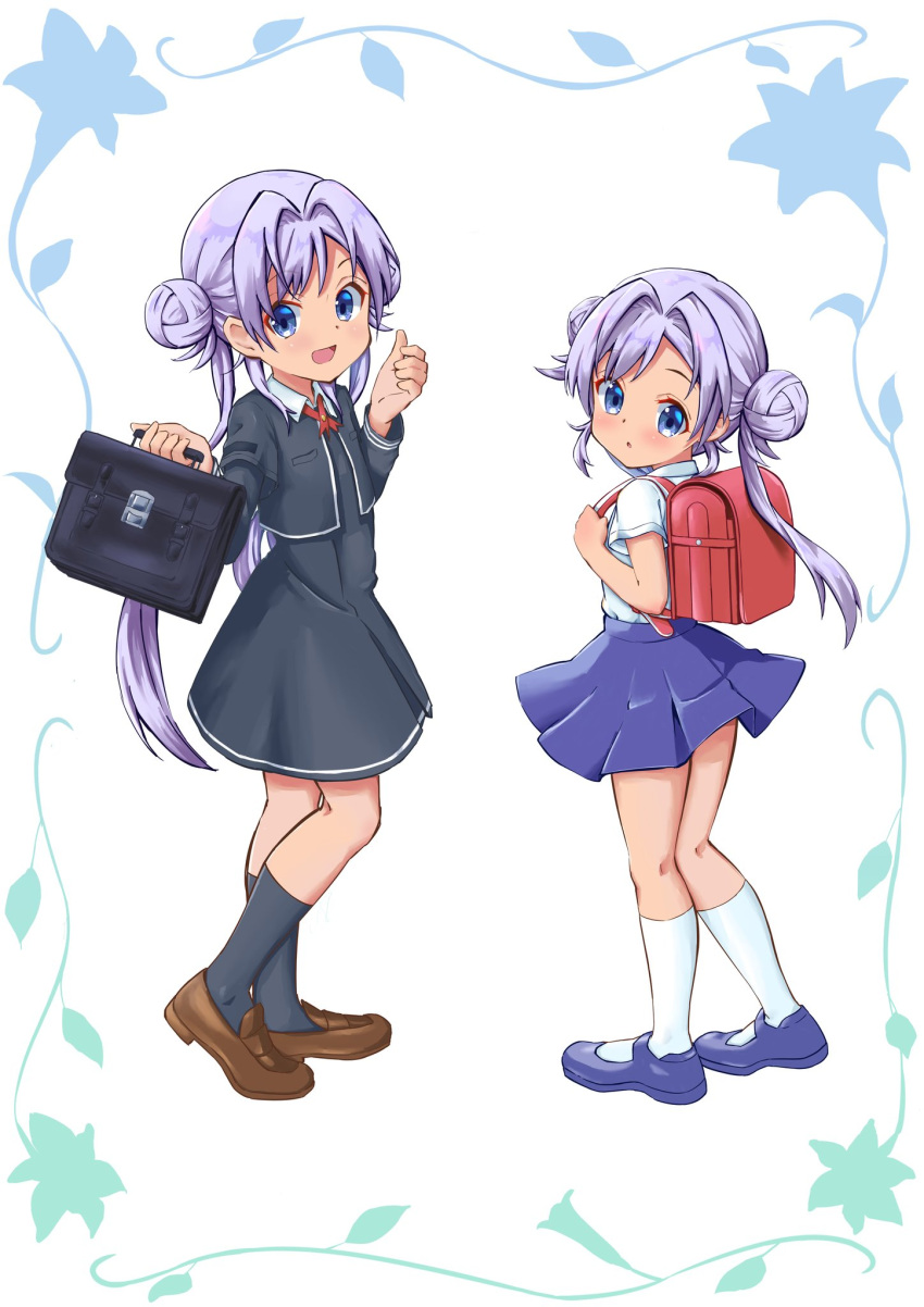 2girls arms_up backpack bag black_dress black_jacket black_legwear blue_eyes blue_footwear blue_skirt brown_footwear child double_bun dress full_body hair_bun hair_intakes highres jacket kneehighs long_hair magia_record:_mahou_shoujo_madoka_magica_gaiden mahou_shoujo_madoka_magica multiple_girls open_mouth randoseru school_uniform shirt shoes short_sleeves siblings silver_hair sisters skirt smile twintails white_legwear white_shirt yakumo_mikage yakumo_mitama yappariga