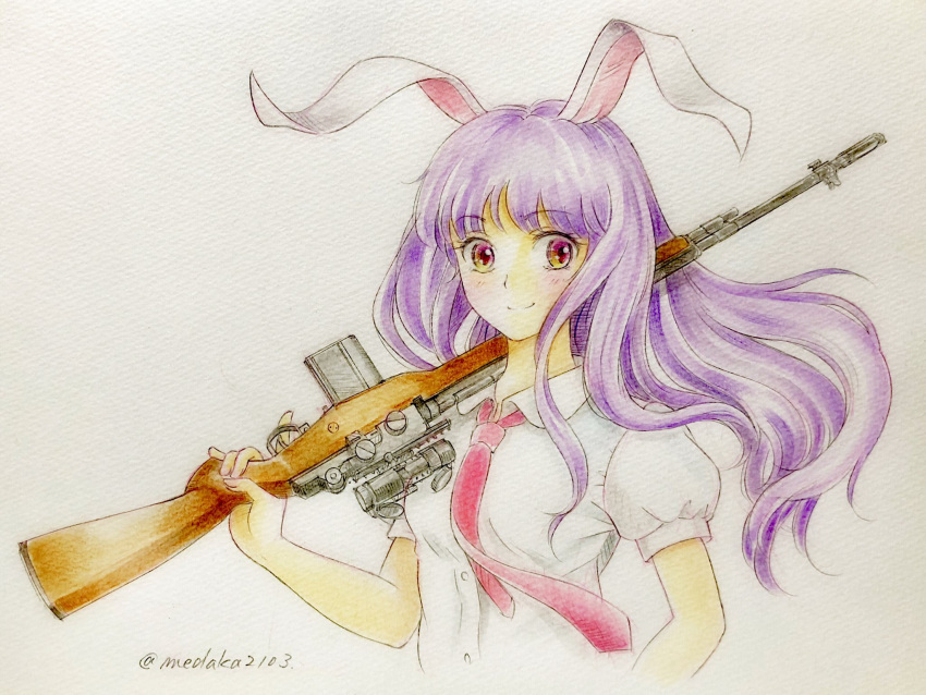 1girl animal_ears closed_mouth collared_shirt colored_pencil_(medium) commentary_request eyebrows_visible_through_hair gun highres holding holding_gun holding_weapon long_hair looking_at_viewer necktie over_shoulder puffy_short_sleeves puffy_sleeves purple_hair q-bee_(aaru) rabbit_ears red_eyes red_neckwear reisen_udongein_inaba rifle shirt short_sleeves smile sniper_rifle solo touhou traditional_media twitter_username upper_body weapon weapon_over_shoulder white_shirt wind