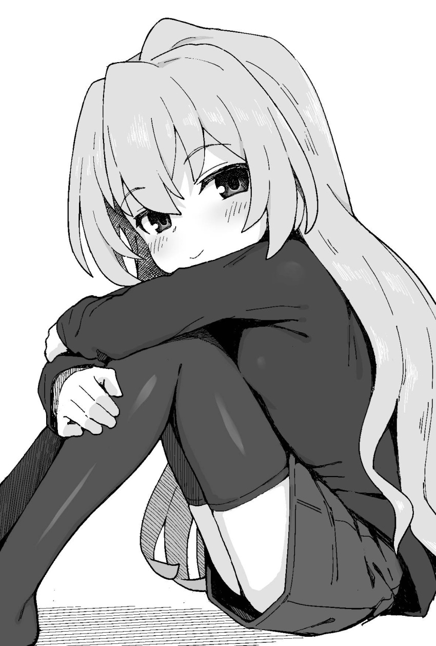 1girl aisaka_taiga blush closed_mouth feet_out_of_frame from_side greyscale highres hugging_own_legs long_hair looking_at_viewer looking_to_the_side miniskirt monochrome no_shoes shirt simple_background skirt smile solo thigh-highs toradora! wagashi_(dagashiya) white_background
