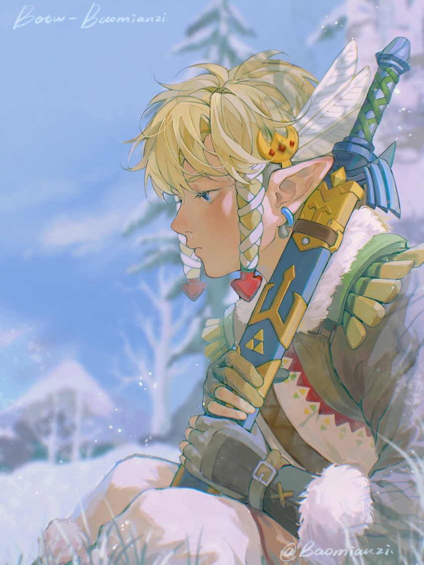 1boy artist_name bangs baomianzi blonde_hair blue_eyes blurry blurry_background closed_mouth day earrings feather_hair_ornament feathers fingerless_gloves from_side fur_trim gloves hair_ornament hair_ribbon highres jewelry link male_focus master_sword outdoors pointy_ears profile ribbon snow snowquill_set_(zelda) solo the_legend_of_zelda the_legend_of_zelda:_breath_of_the_wild tree tress_ribbon