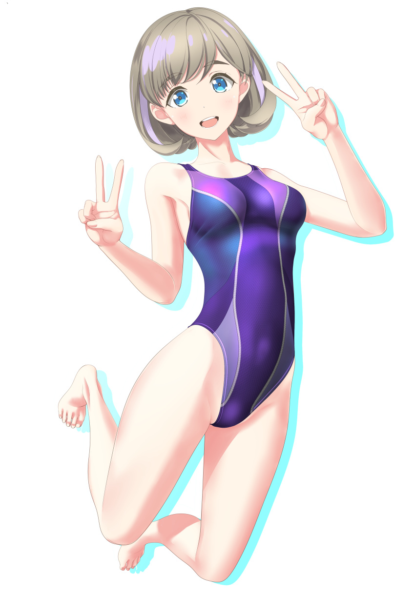 1girl absurdres bangs barefoot blue_eyes breasts collarbone competition_swimsuit covered_navel double_v full_body grey_hair highres jumping looking_at_viewer love_live! love_live!_superstar!! medium_breasts one-piece_swimsuit open_mouth parted_bangs purple_swimsuit round_teeth short_hair simple_background solo swimsuit takafumi tang_keke teeth upper_teeth v white_background