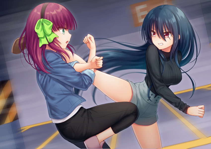 2girls angel_beats! bangs battle black_hair black_hairband black_pants black_shirt blue_jacket bow clenched_teeth commission crossed_arms eyebrows_visible_through_hair feet_out_of_frame floating_hair green_bow green_eyes grey_shorts hair_between_eyes hairband jacket kicking long_hair motion_blur multiple_girls nakamura_hinato open_clothes open_jacket pants pink_footwear profile purple_hair red_eyes ribbed_shirt shiina_(angel_beats!) shirt shoes short_shorts shorts skeb_commission standing standing_on_one_leg teeth turtleneck very_long_hair yuri_(angel_beats!)