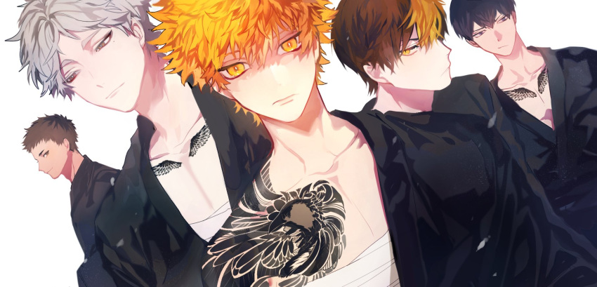 5boys alternate_costume bandages black_hair black_kimono blue_eyes chest_tattoo closed_mouth expressionless grey_hair haikyuu!! highres hinata_shouyou japanese_clothes kageyama_tobio kimono looking_at_viewer male_focus mgmg_1012 multicolored_hair multiple_boys nishinoya_yuu orange_eyes orange_hair sawamura_daichi short_hair sugawara_koushi tattoo two-tone_hair