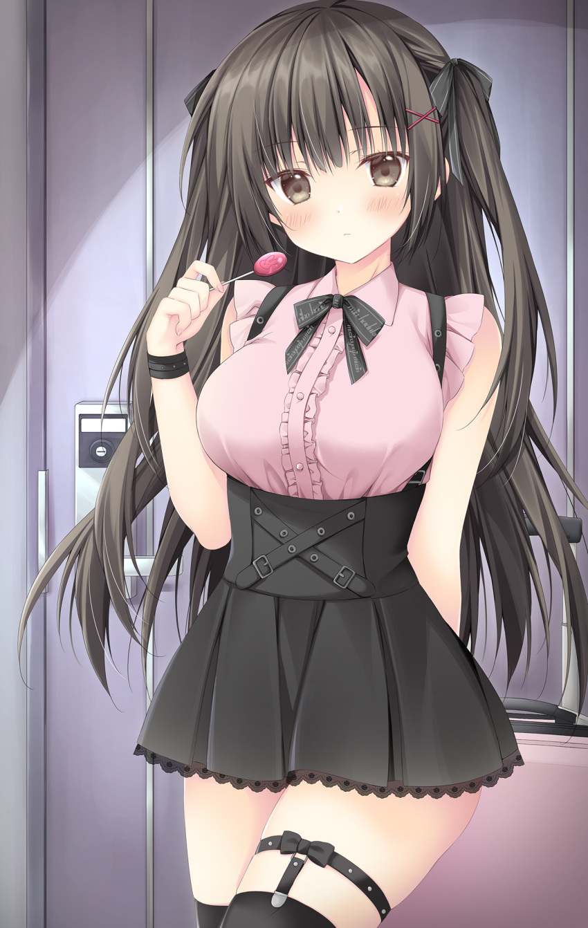 arm_behind_back arm_up blush breasts candy door food frilled_shirt frills hair_between_eyes hair_ornament hair_ribbon highres korie_riko lace-trimmed_skirt lace_trim large_breasts long_hair looking_at_viewer original pink_shirt ribbon shirt skirt twintails