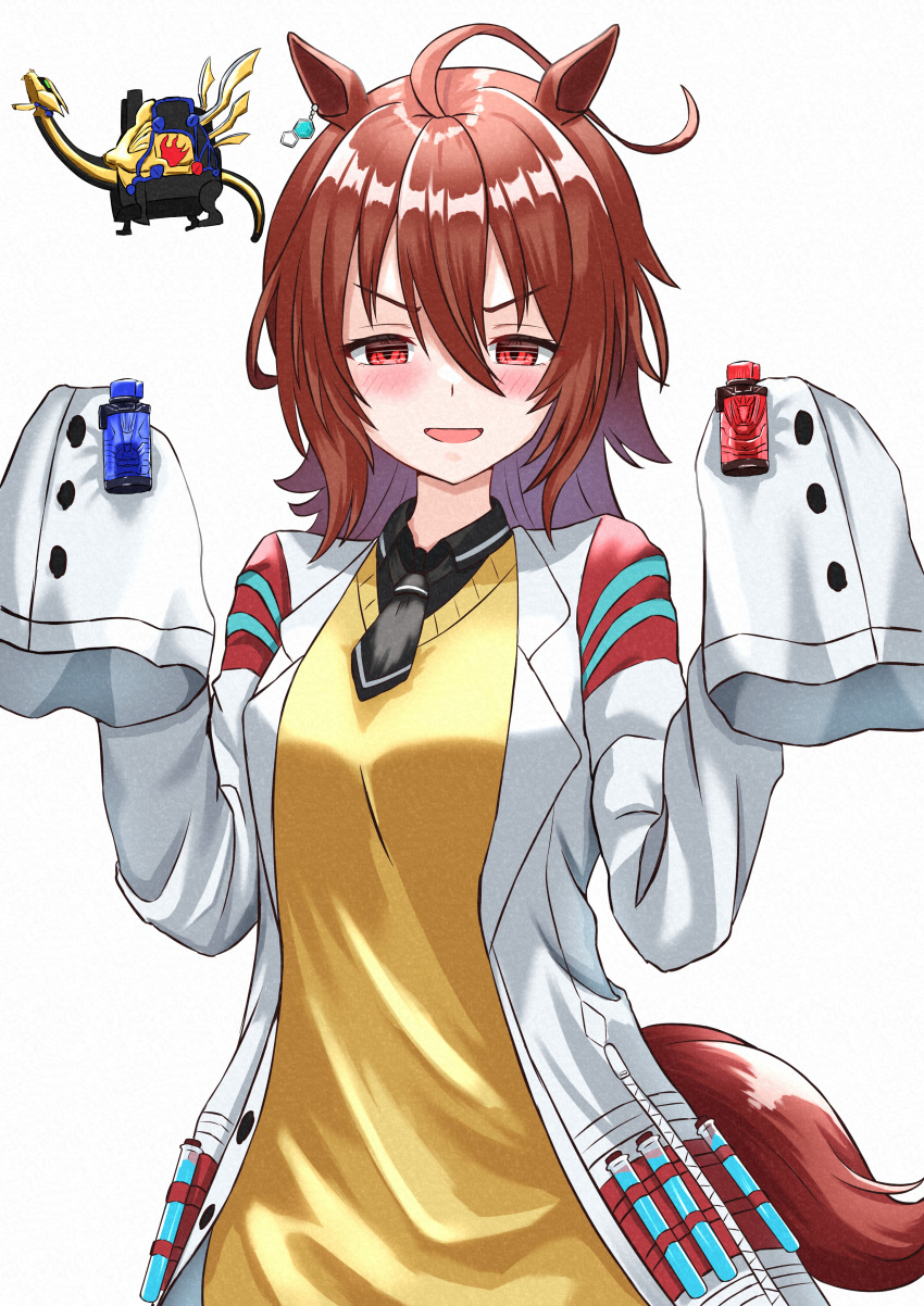 1girl absurdres agnes_tachyon_(umamusume) ahoge animal_ears black_neckwear black_shirt blush bottle breasts brown_hair coat commentary_request cross-z_dragon fullbottle highres holding holding_bottle horse_ears horse_girl horse_tail kagaya_523 kamen_rider kamen_rider_build_(series) labcoat looking_at_viewer medium_breasts necktie open_mouth red_eyes shirt short_necktie sleeves_past_wrists smile solo tail test_tube umamusume upper_body vest white_background white_coat yellow_vest