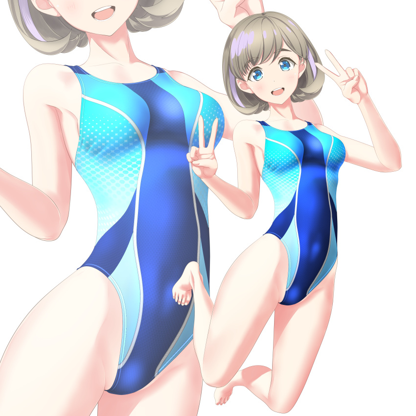 1girl absurdres bangs barefoot blue_eyes blue_swimsuit breasts collarbone commentary_request competition_swimsuit covered_navel double_v full_body grey_hair highres jumping looking_at_viewer love_live! love_live!_superstar!! medium_breasts multiple_views one-piece_swimsuit open_mouth parted_bangs round_teeth short_hair simple_background swimsuit takafumi tang_keke teeth upper_teeth v white_background zoom_layer