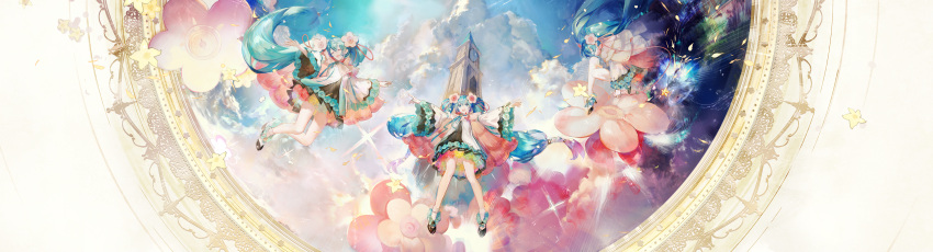 3girls absurdres aqua_eyes aqua_flower aqua_hair aqua_ribbon aqua_rose bird black_footwear black_skirt blue_flower blue_rose braid cape chinese_commentary clock clock_tower clone closed_eyes clouds detached_sleeves dress floating flower framed_image green_flower green_rose hair_flower hair_ornament hair_ribbon hatsune_creation_myth_(vocaloid) hatsune_miku high_heels highres hugging_own_legs legs_up long_hair looking_at_viewer magical_mirai_(vocaloid) medallion miniskirt mixed-language_commentary multiple_girls neck_ribbon open_mouth orange_flower orange_rose outstretched_arms petals pleated_skirt purple_flower purple_rose rainbow red_flower red_ribbon red_rose ribbon rose skirt sky sleeveless sleeveless_dress smile socks speaker staff_(music) standing tower twin_braids twintails two-sided_cape two-sided_fabric very_long_hair vocaloid white_dress white_flower white_sleeves wide_shot wide_sleeves yellow_flower yellow_rose yyb