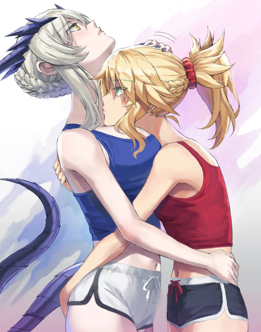 2girls artoria_pendragon_(fate) artoria_pendragon_(lancer_alter)_(fate) bangs bare_shoulders black_shorts blonde_hair blue_tank_top blush braid breasts choker commentary dolphin_shorts fate/apocrypha fate/grand_order fate_(series) green_eyes grey_hair hand_on_another's_head headpat highres horns hug large_breasts long_hair mordred_(fate) mordred_(fate/apocrypha) multiple_girls parted_bangs ponytail red_tank_top scrunchie short_shorts shorts sidelocks small_breasts tail tank_top tonee white_shorts wrist_scrunchie yellow_eyes