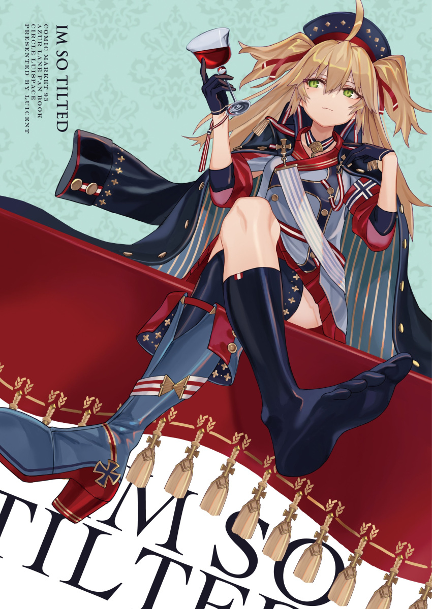 1girl absurdres admiral_hipper_(azur_lane) ahoge aiguillette alcohol armband armpit_cutout artist_name asymmetrical_legwear azur_lane bangs blonde_hair blue_legwear blush boots buttons choker closed_mouth clothing_cutout coat collarbone crossed_legs cup double-breasted drinking_glass epaulettes feet gloves green_eyes hair_between_eyes hair_ornament hair_ribbon hand_up hat headgear high_heel_boots high_heels highres holding holding_cup iron_cross jacket jacket_on_shoulders kneehighs long_hair long_sleeves looking_away luicent military military_uniform multicolored multicolored_clothes no_shoes photoshop_(medium) red_gloves ribbon sash shirt single_boot single_kneehigh single_thighhigh sitting sleeve_cuffs sleeves_folded_up sleeves_rolled_up solo tassel thigh-highs tsurime two_side_up uneven_legwear uniform white_background wine wine_glass wristband