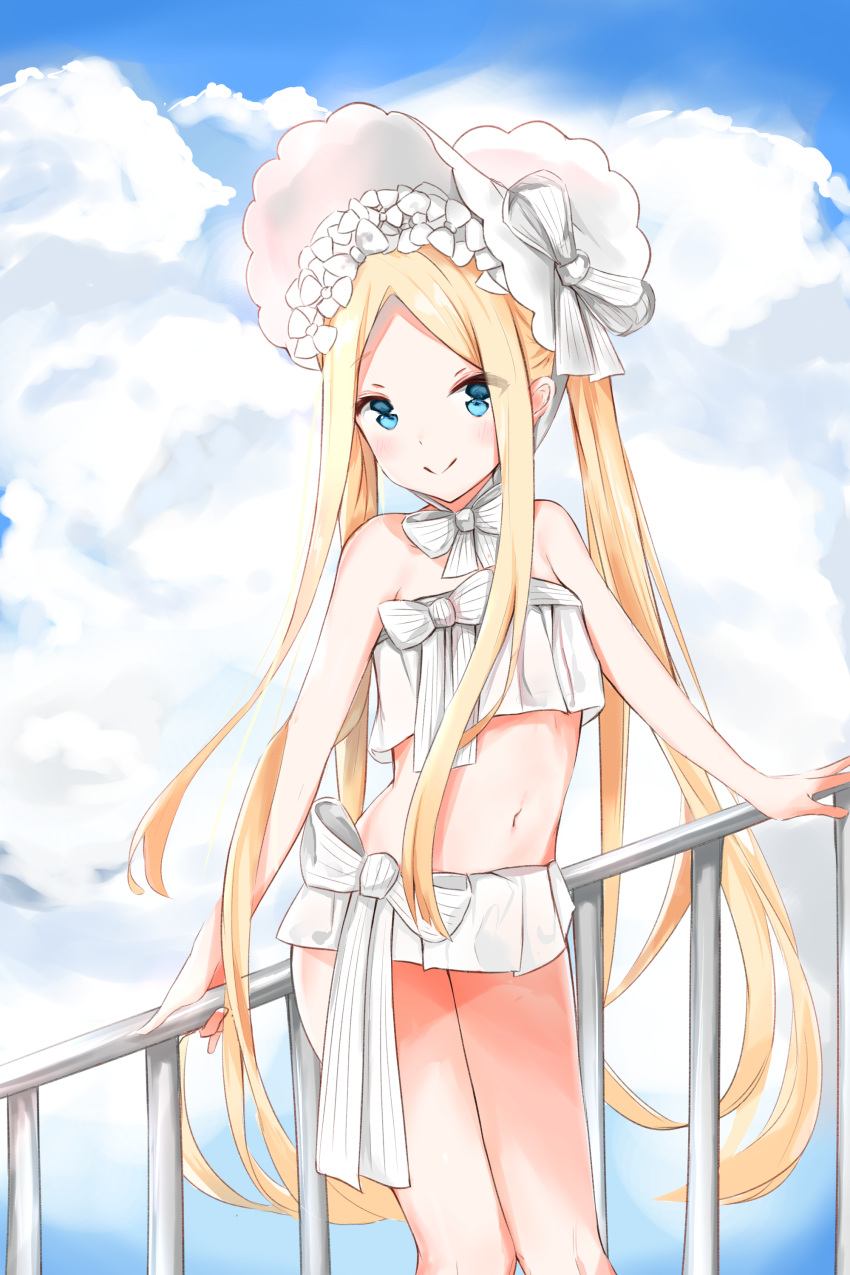1girl abigail_williams_(fate) abigail_williams_(swimsuit_foreigner)_(fate) absurdres bangs bare_arms bare_shoulders bikini blonde_hair blue_eyes blue_sky bonnet bow closed_mouth clouds cloudy_sky commentary_request day eyebrows_visible_through_hair eyes_visible_through_hair fate/grand_order fate_(series) forehead hair_bow highres long_hair navel outdoors parted_bangs railing sky smile solo swimsuit very_long_hair white_bikini white_bow white_headwear yukaa