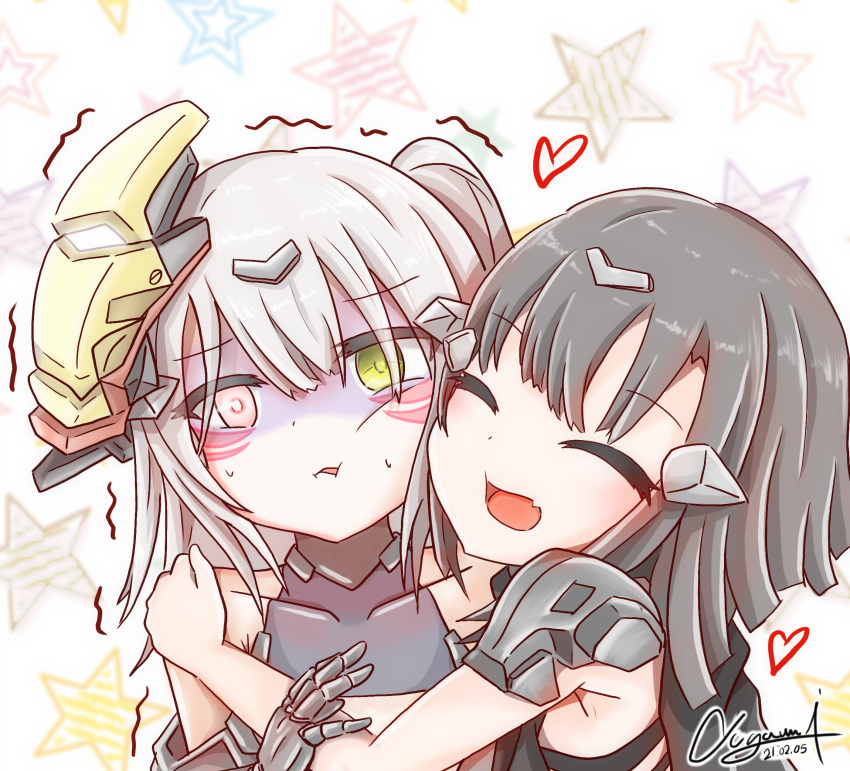 2girls 4m_yugami anna_(girls'_frontline) annoyed black_hair closed_eyes cyborg girls_frontline hair_ornament happy highres hug loli multiple_girls narciss_(girls'_frontline) nyto_(generic)_(girls'_frontline) nyto_(girls'_frontline) paradeus shaking short_hair white_hair yuri