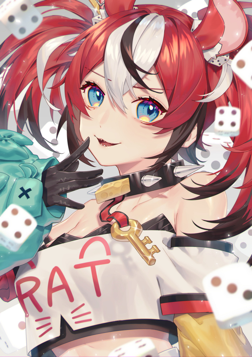 1girl animal_ear_fluff animal_ears bangs bare_shoulders black_gloves black_hair blue_eyes cheese clothes_writing collar commentary crop_top dice_hair_ornament eyebrows_visible_through_hair food gloves hair_between_eyes hair_ornament hakos_baelz hand_to_own_mouth hand_up highres hololive hololive_english key long_hair long_sleeves looking_at_viewer mouse_ears mouse_girl multicolored_hair off-shoulder_shirt off_shoulder open_mouth redhead sharp_teeth shirt smile solo spiked_collar spikes streaked_hair teeth twintails upper_body virtual_youtuber wenz white_hair white_shirt