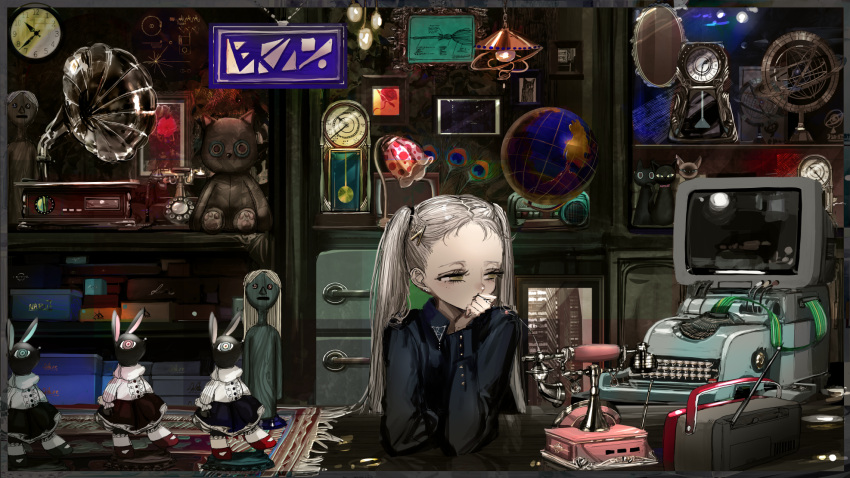 1girl clock computer corded_phone doll globe grey_eyes grey_hair hand_on_own_chin head_rest highres long_hair looking_to_the_side narue original phone phonograph solo stuffed_animal stuffed_toy teddy_bear twintails