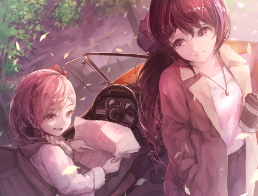2girls alternate_costume black_hair blue_hair braid coffee_cup commentary_request cup disposable_cup french_braid girls_frontline jericho_(girls'_frontline) jewelry long_hair map multicolored_hair multiple_girls necklace negev_(girls'_frontline) pink_hair pointing sports_car streaked_hair suginakara_(user_ehfp8355)