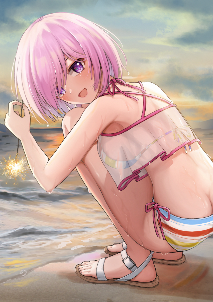 1girl :d absurdres ass bare_arms bare_shoulders bikini blush boo_iro breasts butt_crack clouds cloudy_sky colored_stripes commentary_request day fate/grand_order fate_(series) fireworks from_side hair_over_one_eye highres holding knees_on_chest looking_at_viewer looking_to_the_side mash_kyrielight medium_breasts multicolored multicolored_bikini multicolored_clothes ocean open_mouth pink_hair pink_ribbon ribbon sandals see-through short_hair sideboob sky smile solo sparkler squatting striped striped_bikini swimsuit violet_eyes white_footwear