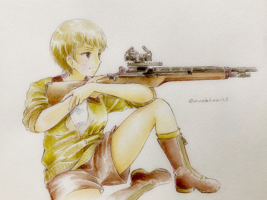 1girl aiming bangs black_footwear black_shorts boots brown_eyes brown_hair brown_jacket closed_mouth colored_pencil_(medium) freckles girls_und_panzer gun highres jacket knee_up military military_uniform naomi_(girls_und_panzer) q-bee_(aaru) rifle saunders_military_uniform scope shirt short_hair shorts sitting sleeves_rolled_up sniper_rifle solo traditional_media twitter_username uniform very_short_hair weapon white_shirt