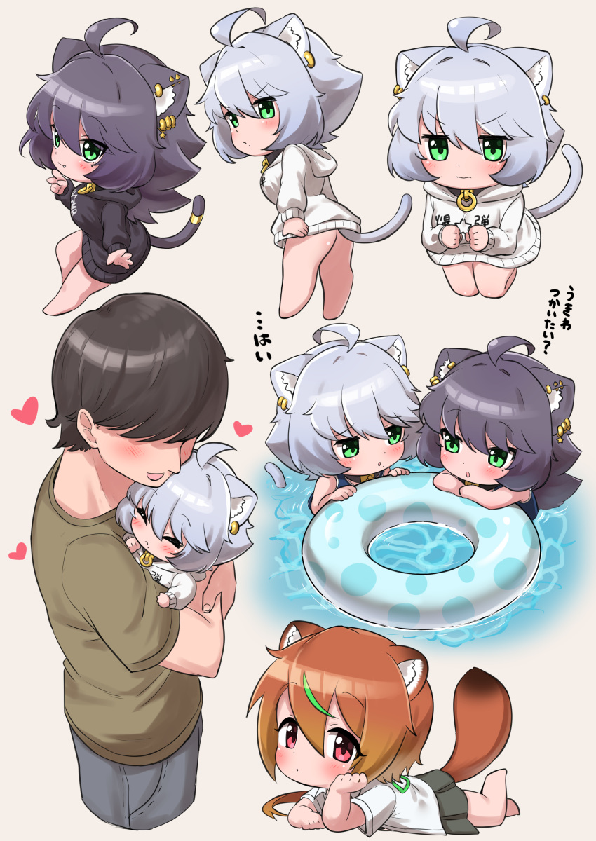 1boy 3girls absurdres ahoge animal_ear_fluff animal_ears bangs beige_background black_hair blush carrying cat_ears cat_girl cat_tail chibi closed_eyes collar commentary_request dot_mouth ear_piercing eyebrows_visible_through_hair faceless faceless_male green_eyes grey_hair hair_between_eyes heart highres innertube kohaku_(ngetyan) minigirl multicolored_hair multiple_girls multiple_views ngetyan orange_hair original piercing red_eyes renge_(ngetyan) ringe_(ngetyan) simple_background swimsuit tail tail_ornament tail_ring translation_request water