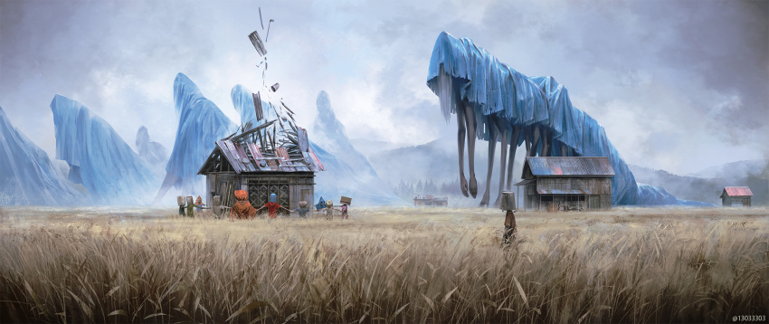 6+others arizuka_(13033303) bag_on_head blue_robe bucket bucket_on_head colored_skin commentary_request day field fog grey_skin highres holding_hands house monster multiple_others object_on_head original outdoors people robe